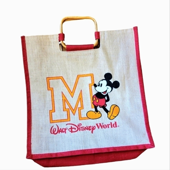 Vintage Disney Mickey Mouse Canvas Burlap Tote Bag with Wooden Handles - Picture 1 of 13